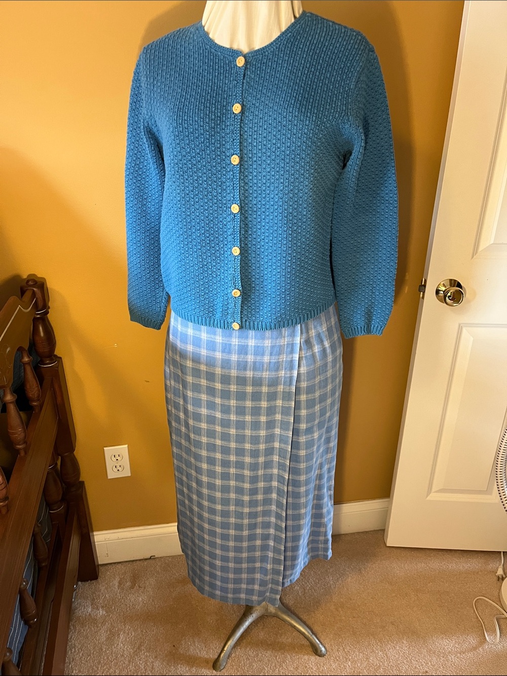 Talbots Light Blue Irish Linen Plaid Maxi Skirt faux Wrap - Picture 6 of 6